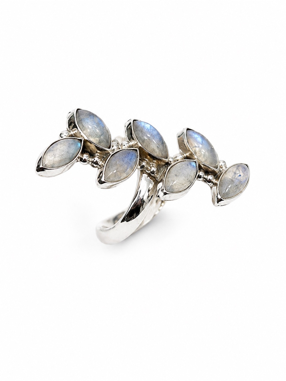 Sterling Silver Marquise Moonstone Cluster Ring - Blue Flash